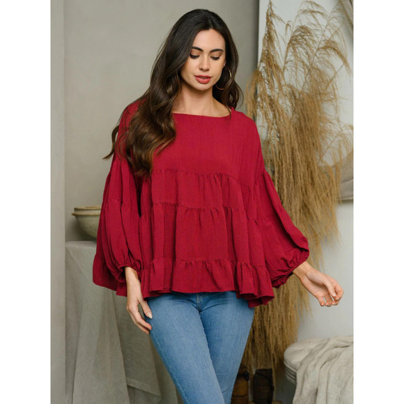 Wine Red Long Sleeve Tiered Tunic Top - Picture 2 of 4